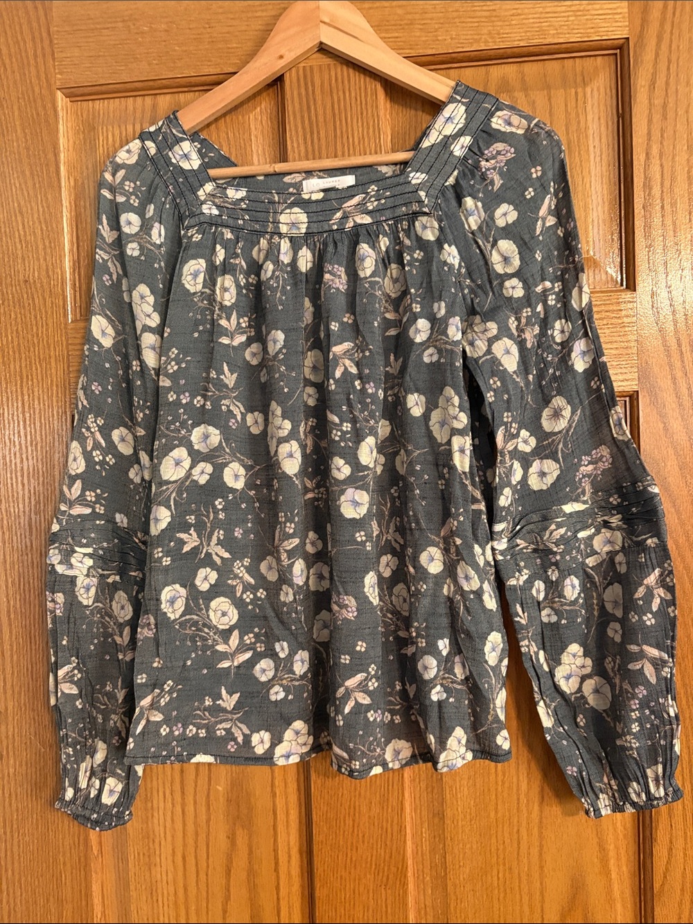 LC Lauren Conrad Floral Square-Neck Blouse - Charcoal with Cream and Pale Pink
